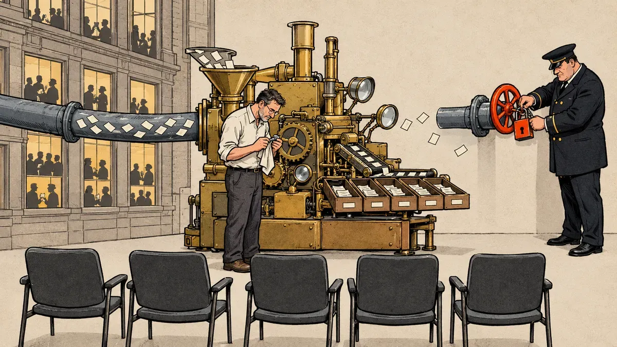 Cartoon: a man carefully polishes a gear on a large brass machine, fed by a pipe full of papers coming from a crowded building. On the other side a uniformed official padlocks the pipe's valve, while in front of the machine a row of chairs stays empty.