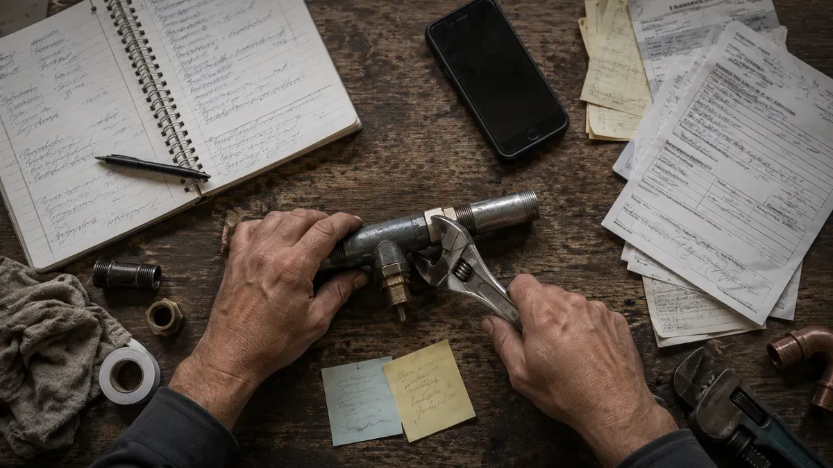 A tradesman's hands working on a pipe, surrounded by a phone, notes, documents and reminders.