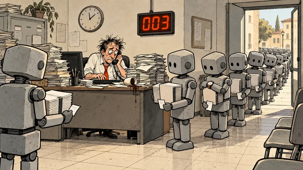 An office worker buried in paperwork answers the phone behind the desk, while a long queue of grey robots, each with a finished job and a ticket in hand, waits its turn. The queue display reads 003.
