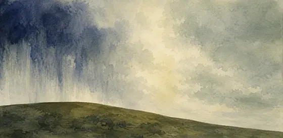 Acquerello: pioggia che cade da una nuvola scura su un lato di una collina bassa, cielo sereno sull'altro.