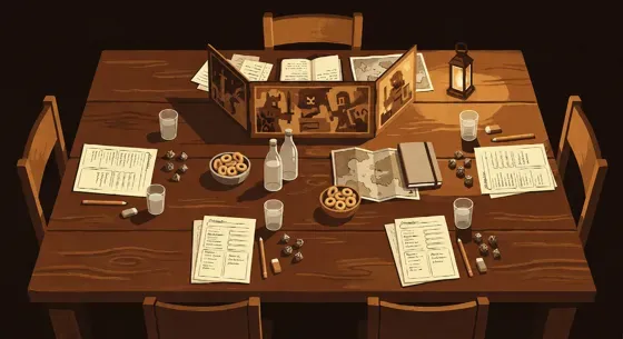 Un tavolo da gioco visto dall'alto: schermo del master, schede dei personaggi, dadi, bicchieri e una caraffa d'acqua.